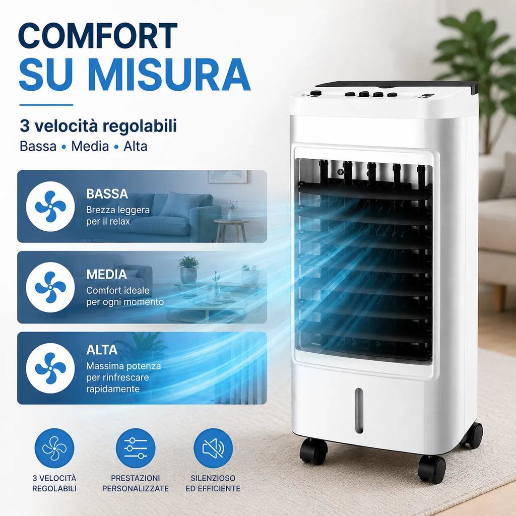 Raffrescatore d'Aria Portatile Evaporativo 6L con Ruote – 65W, Oscillazione Automatica 60°, 3 Velocità, Serbatoio ad Acqua, Raffrescamento per Casa e Ufficio