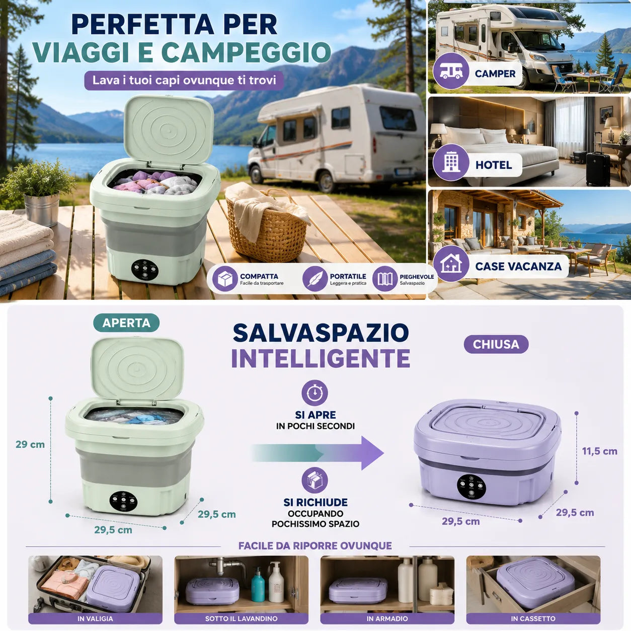 Mini Lavatrice Pieghevole Portatile 11L Multifunzione | Lavatrice Compatta da Campeggio e Viaggio | Cestello di Scarico Incluso