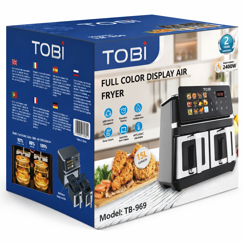 Friggitrice ad Aria Doppio Cestello 15L TOBI TB-969 – 2400W con Display Touch Full Color, 2 Zone di Cottura Indipendenti, Timer e Programmi Automatici
