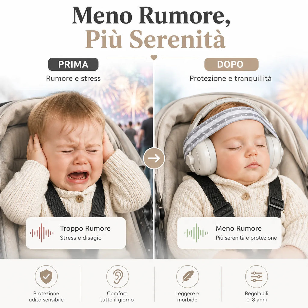 Cuffie Antirumore per Bambini 0-8 Anni con Fascia Elastica Regolabile – Protezione Udito 25dB, Pieghevoli con Custodia