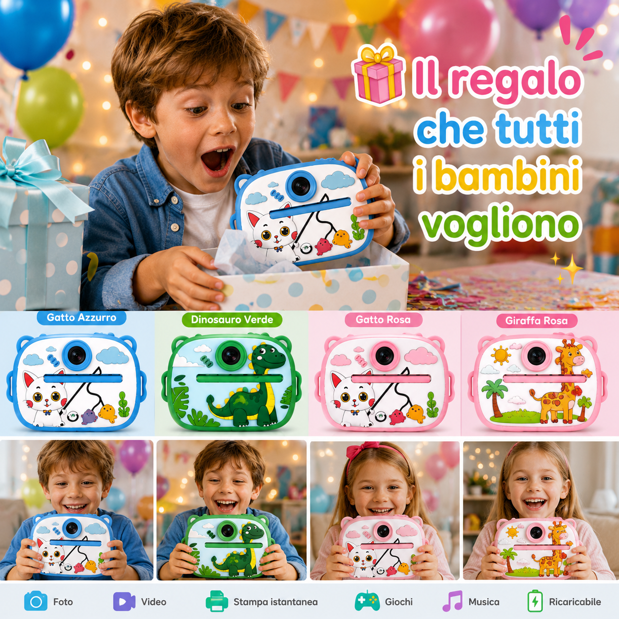 Mini Fotocamera Bambini con Stampa Istantanea – Foto e Video HD – Mini Camera Digitale Educativa con Giochi e Musica – Regalo Perfetto per Bambini e Bambine