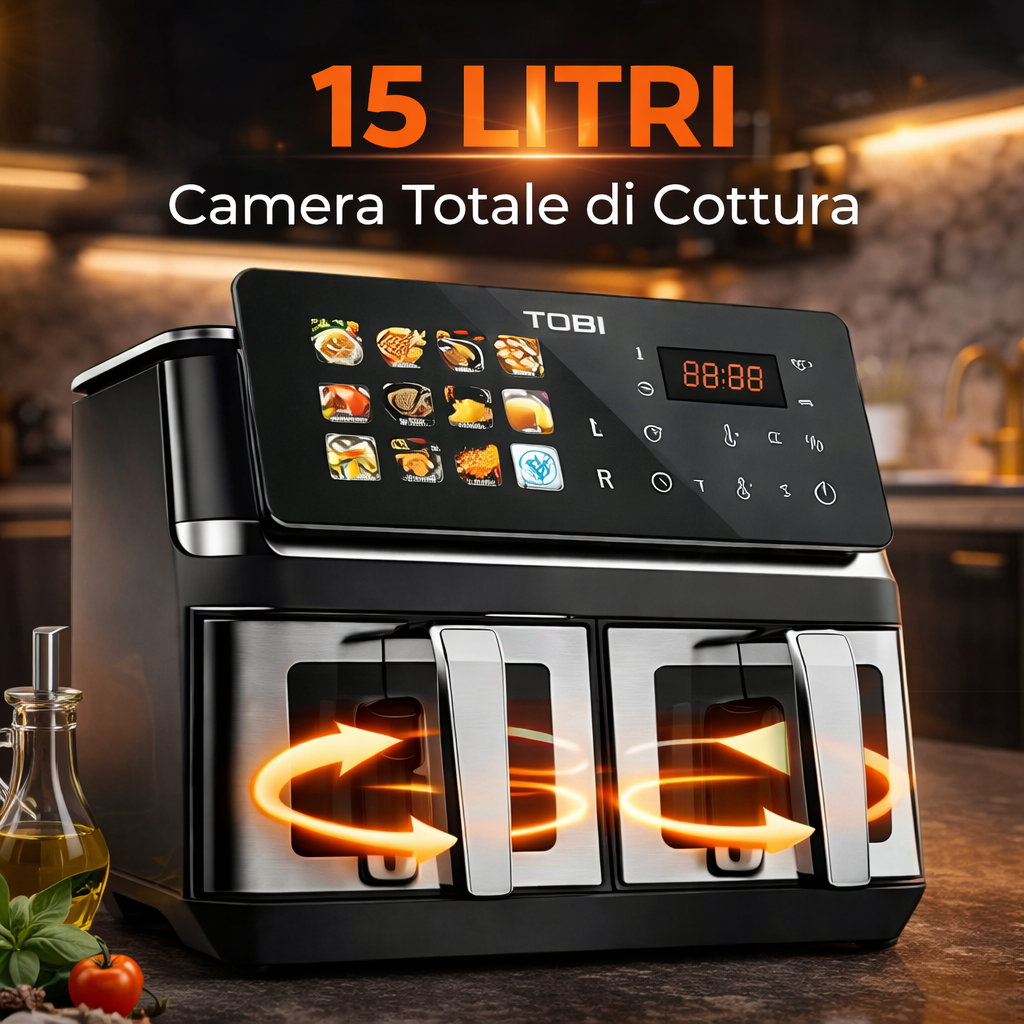 Friggitrice ad Aria Doppio Cestello 15L TOBI TB-969 – 2400W con Display Touch Full Color, 2 Zone di Cottura Indipendenti, Timer e Programmi Automatici