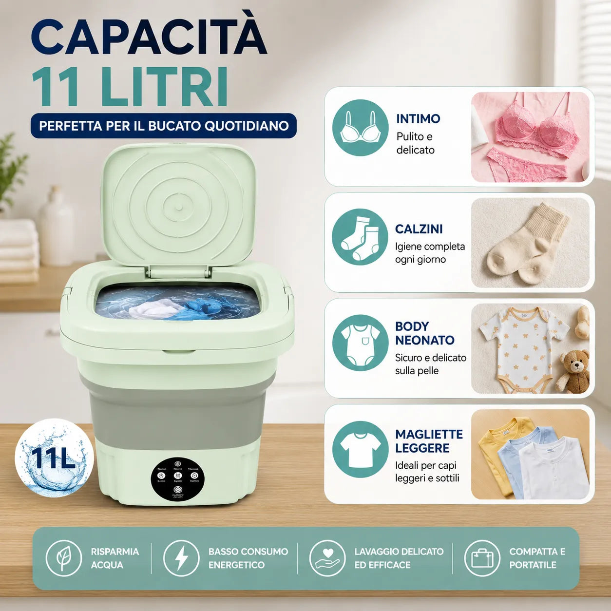 Mini Lavatrice Pieghevole Portatile 11L Multifunzione | Lavatrice Compatta da Campeggio e Viaggio | Cestello di Scarico Incluso