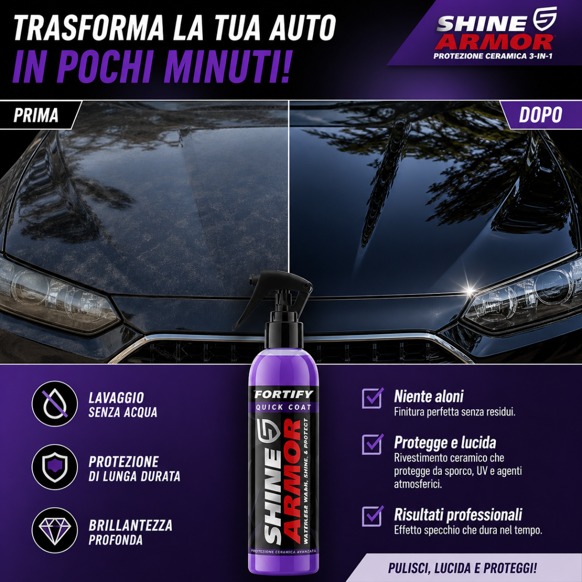 Fortify Quick Coat Shine Armor – Spray Auto Senza Acqua | Lava, Lucida e Protegge in un Solo Passaggio