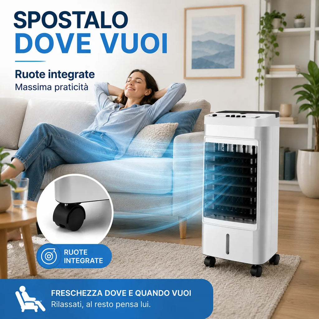 Raffrescatore d'Aria Portatile Evaporativo 6L con Ruote – 65W, Oscillazione Automatica 60°, 3 Velocità, Serbatoio ad Acqua, Raffrescamento per Casa e Ufficio