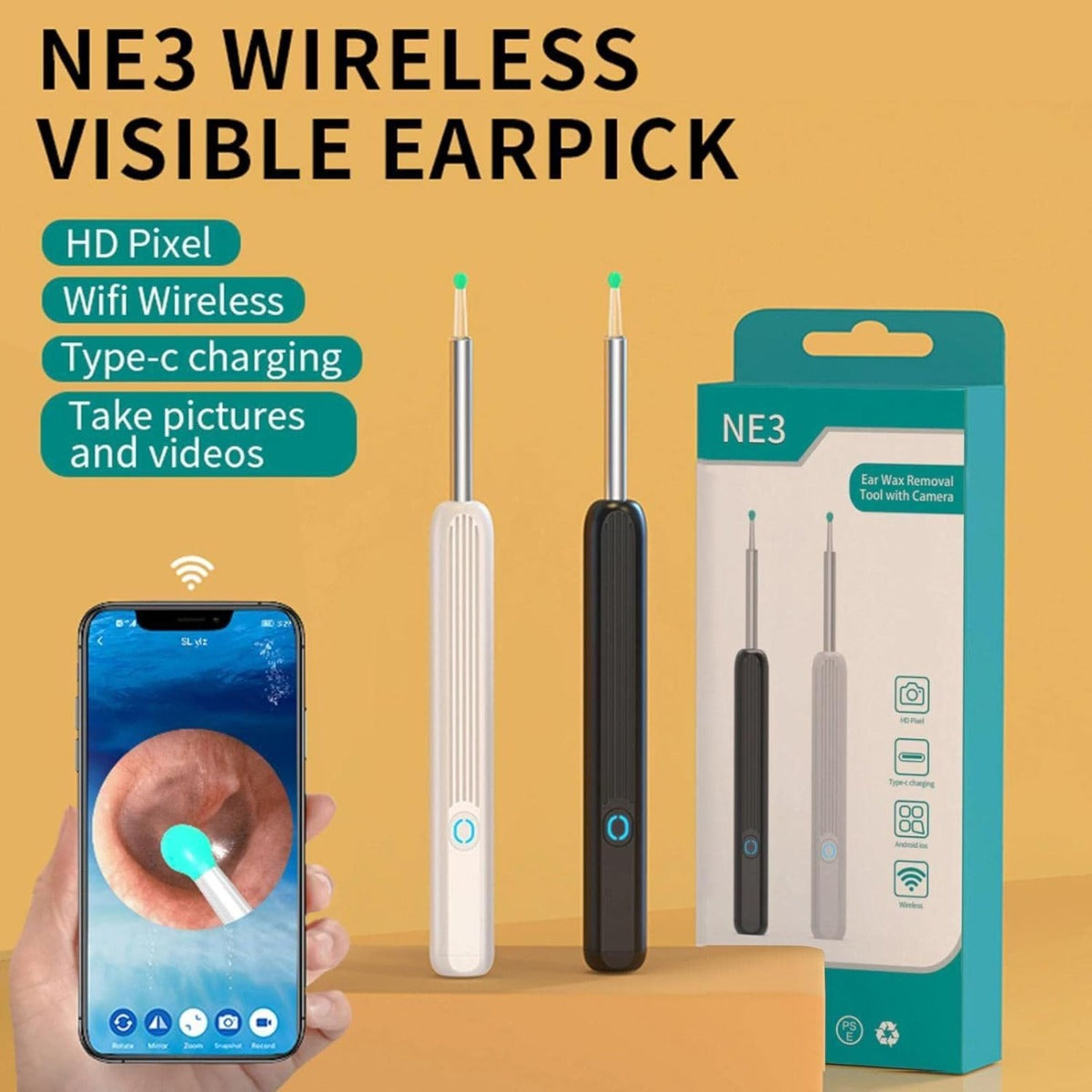 Kit di Pulizia delle Orecchie con Fotocamera HD 1080P, 4 Modalità di Luce e Ricarica USB