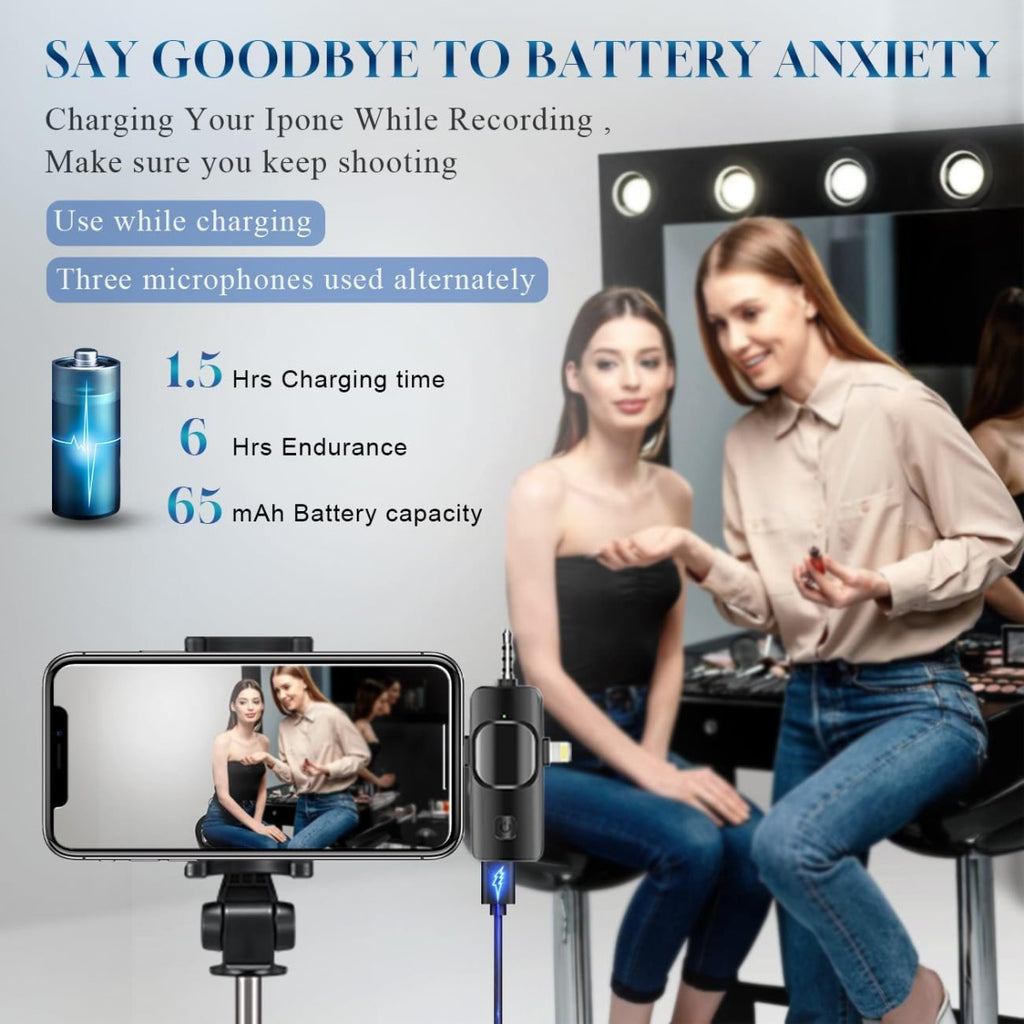 Microfono Lavalier Wireless 3 in 1 - Compatibile con iPhone, iPad, Android, Fotocamera, Riduzione del Rumore, Microfono per Vlog, TikTok, YouTube Live Stream