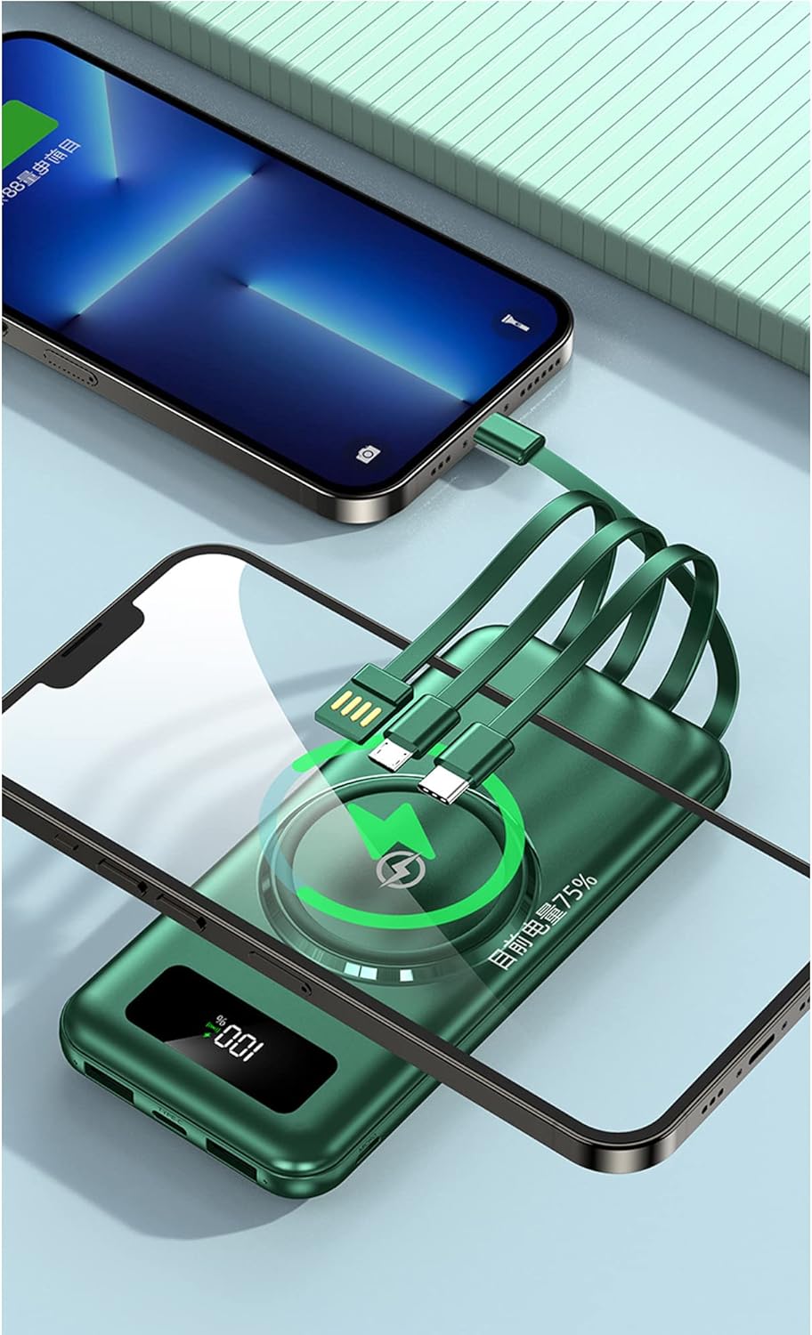 Power Bank wireless con grande capacità di 20000 mAh, alimentatore mobile con cavo integrato a ricarica rapida