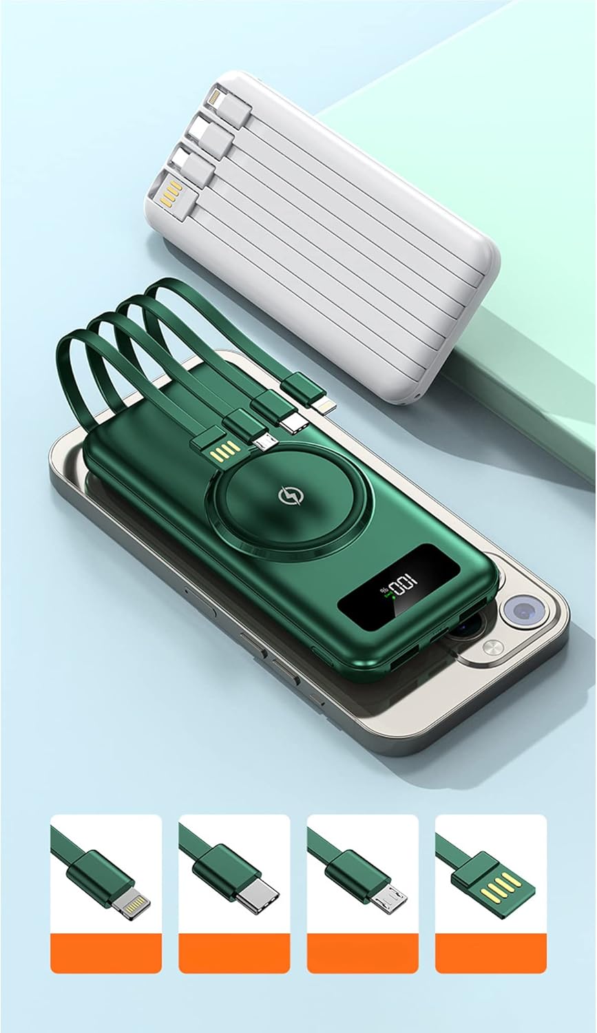 Power Bank wireless con grande capacità di 20000 mAh, alimentatore mobile con cavo integrato a ricarica rapida