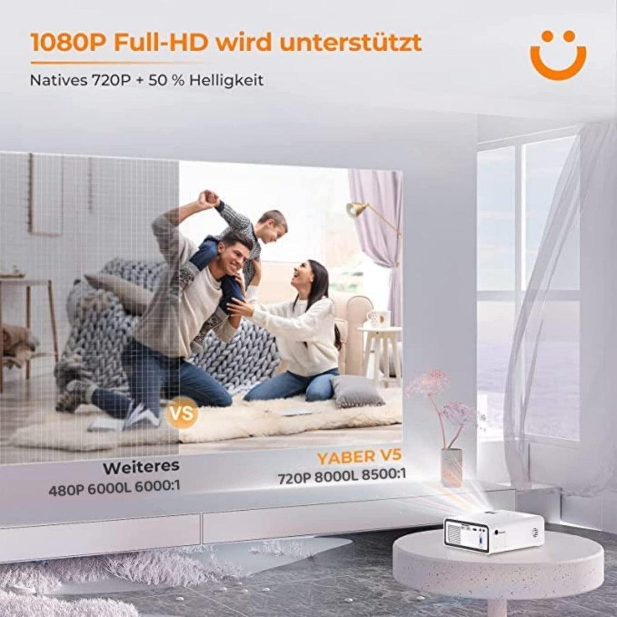 Proiettore Portatile Bluetooth Full HD 1080P – Compatibile con Smartphone iOS e Android, HDMI e USB, Mini Home Cinema