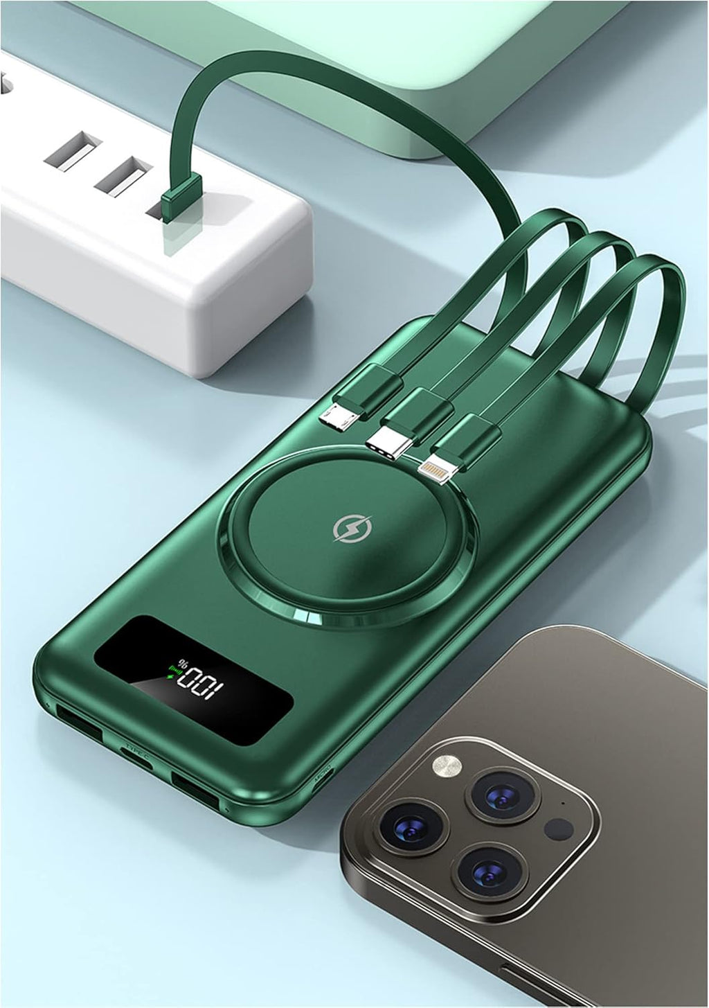 Power Bank wireless con grande capacità di 20000 mAh, alimentatore mobile con cavo integrato a ricarica rapida