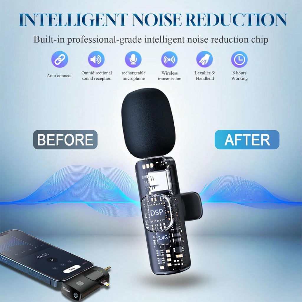 Microfono Lavalier Wireless 3 in 1 - Compatibile con iPhone, iPad, Android, Fotocamera, Riduzione del Rumore, Microfono per Vlog, TikTok, YouTube Live Stream