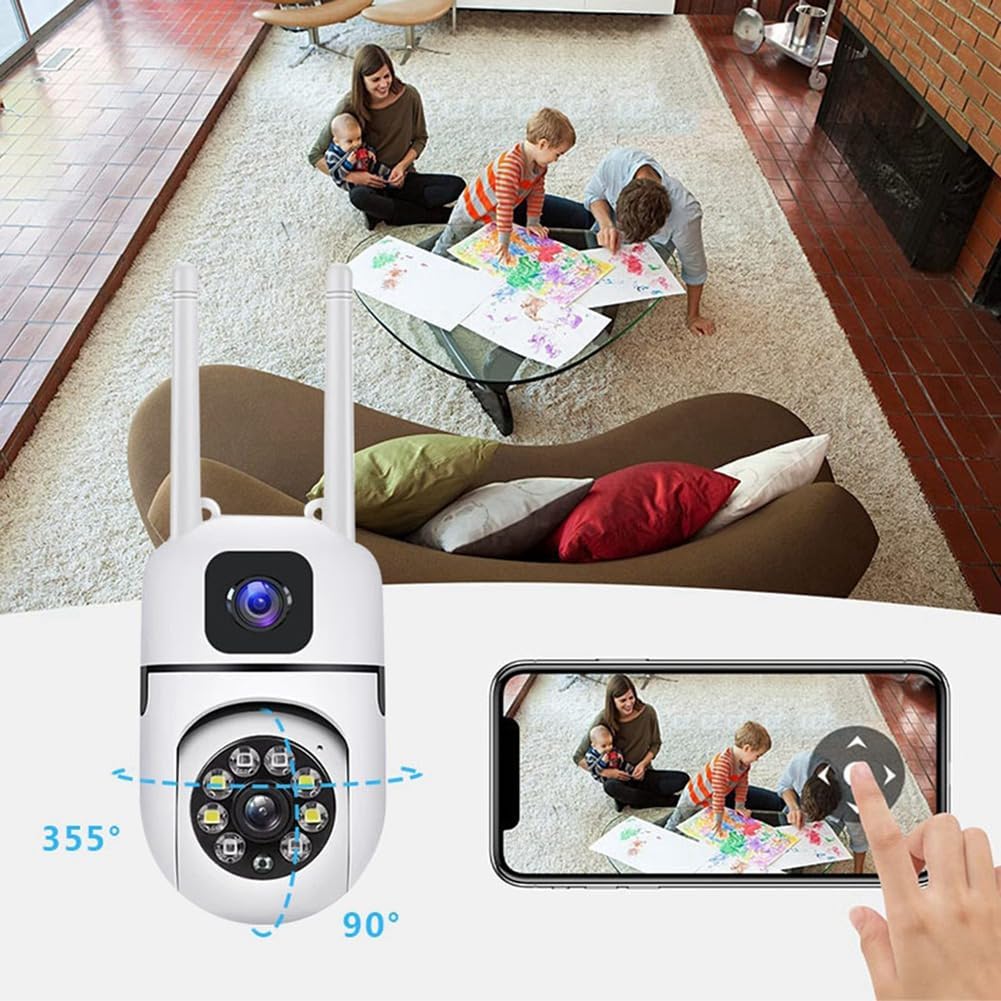 Telecamera di Sorveglianza Intelligente HD per Interni con Doppio Obiettivo, Doppio Schermo, Rotazione 360°, Audio Bidirezionale e Avviso di Movimento