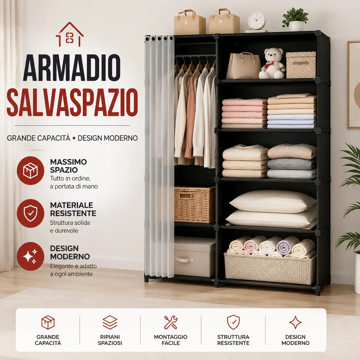 Armadio Guardaroba Salvaspazio con Tenda Scorrevole 155x80x28 cm – Organizzatore Multiuso per Camera, Cameretta e Lavanderia