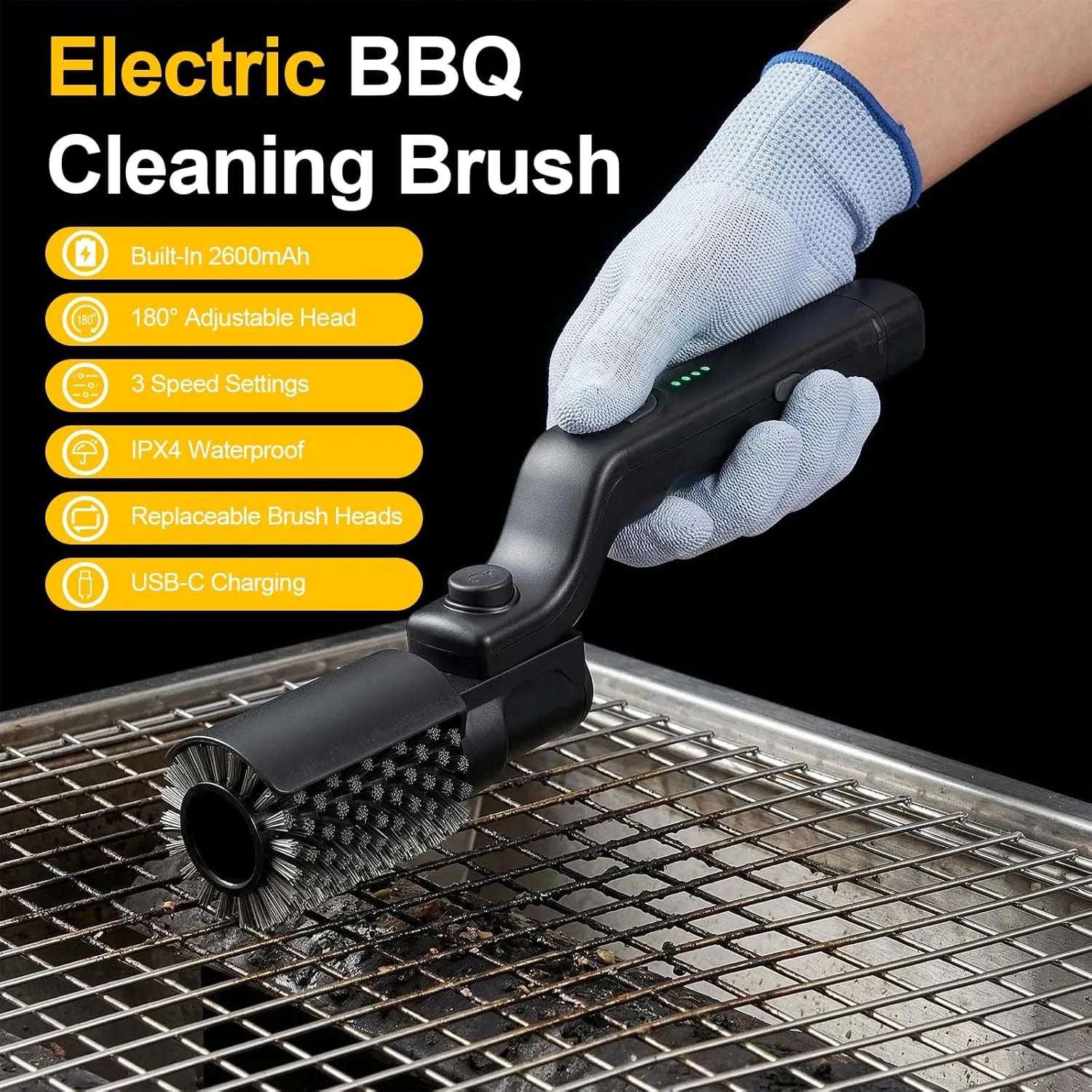 Spazzola Elettrica per Barbecue Ricaricabile USB-C – Testa Orientabile 180°, 3 Velocità, Doppia Testina in Acciaio e Lucidante, Batteria 2600mAh, Impermeabile IPX4, Pulizia Griglie BBQ