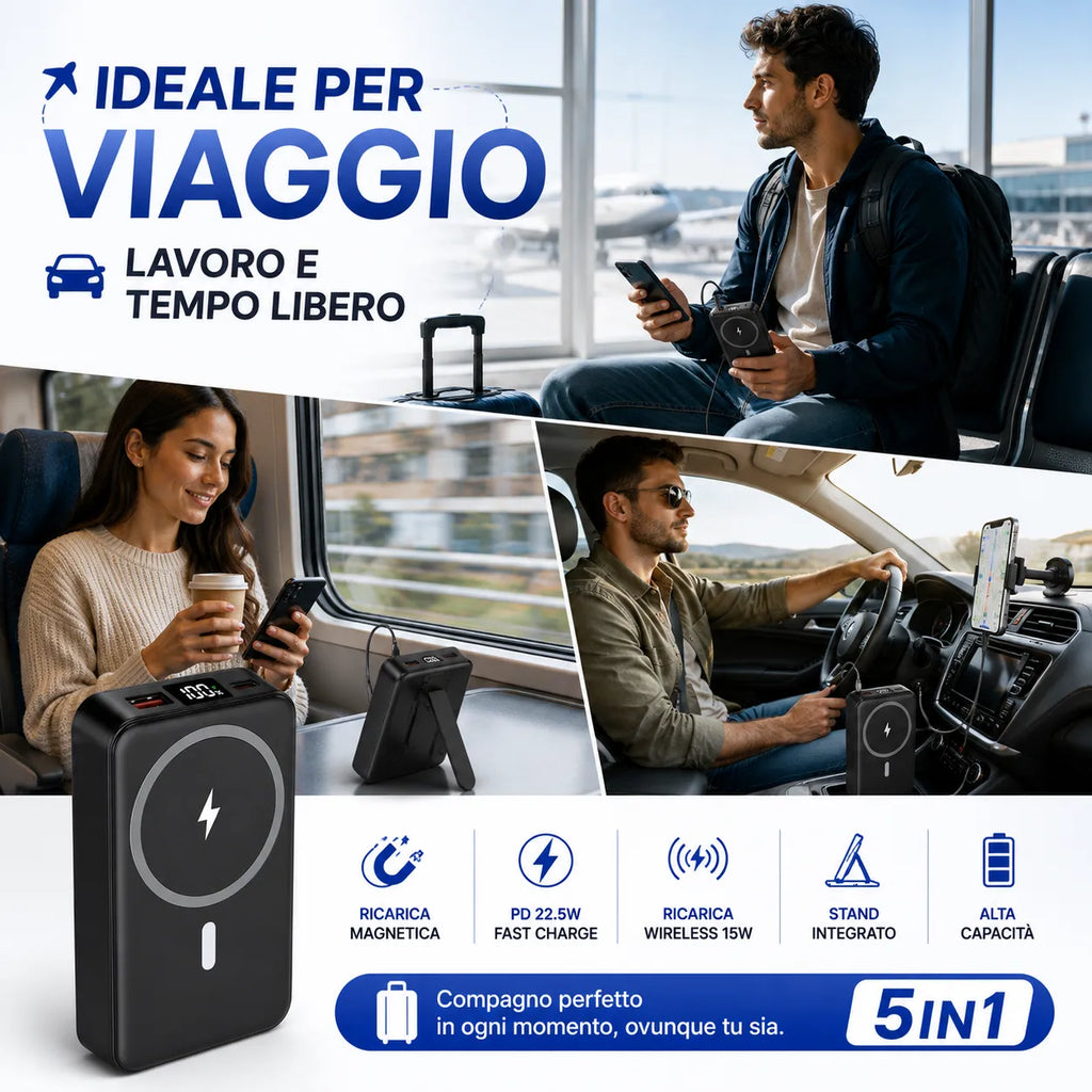 Power Bank Magnetico Wireless 30000mAh 5 in 1 con Supporto Pieghevole | Ricarica Rapida PD 22.5W QC3.0 | Wireless 15W