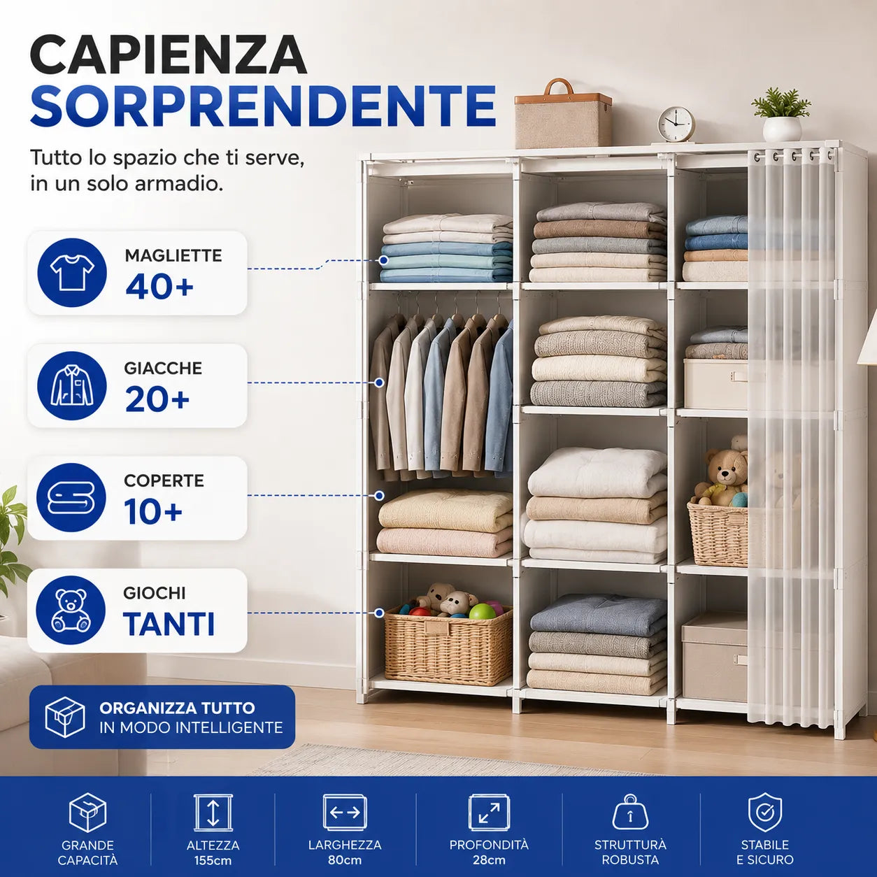 Armadio Guardaroba Salvaspazio con Tenda Scorrevole 155x80x28 cm – Organizzatore Multiuso per Camera, Cameretta e Lavanderia