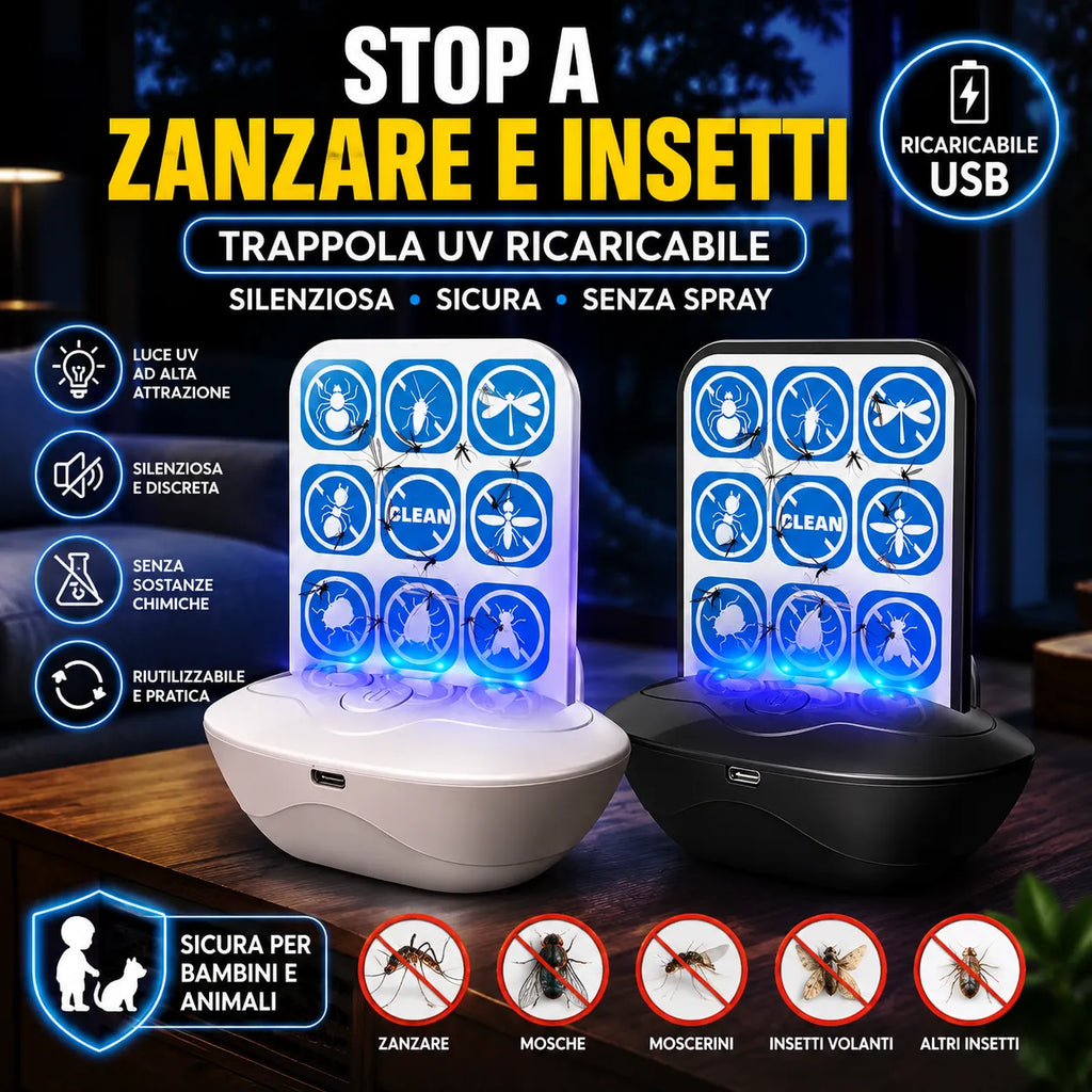 Trappola UV per Zanzare e Insetti Ricaricabile USB – Cattura Adesiva Silenziosa Senza Spray – Sicura per Bambini e Animali – Ideale per Casa, Camera da Letto, Balcone, Terrazza e Campeggio