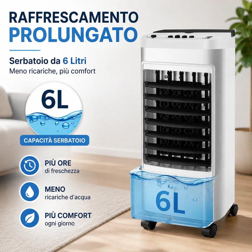 Raffrescatore d'Aria Portatile Evaporativo 6L con Ruote – 65W, Oscillazione Automatica 60°, 3 Velocità, Serbatoio ad Acqua, Raffrescamento per Casa e Ufficio