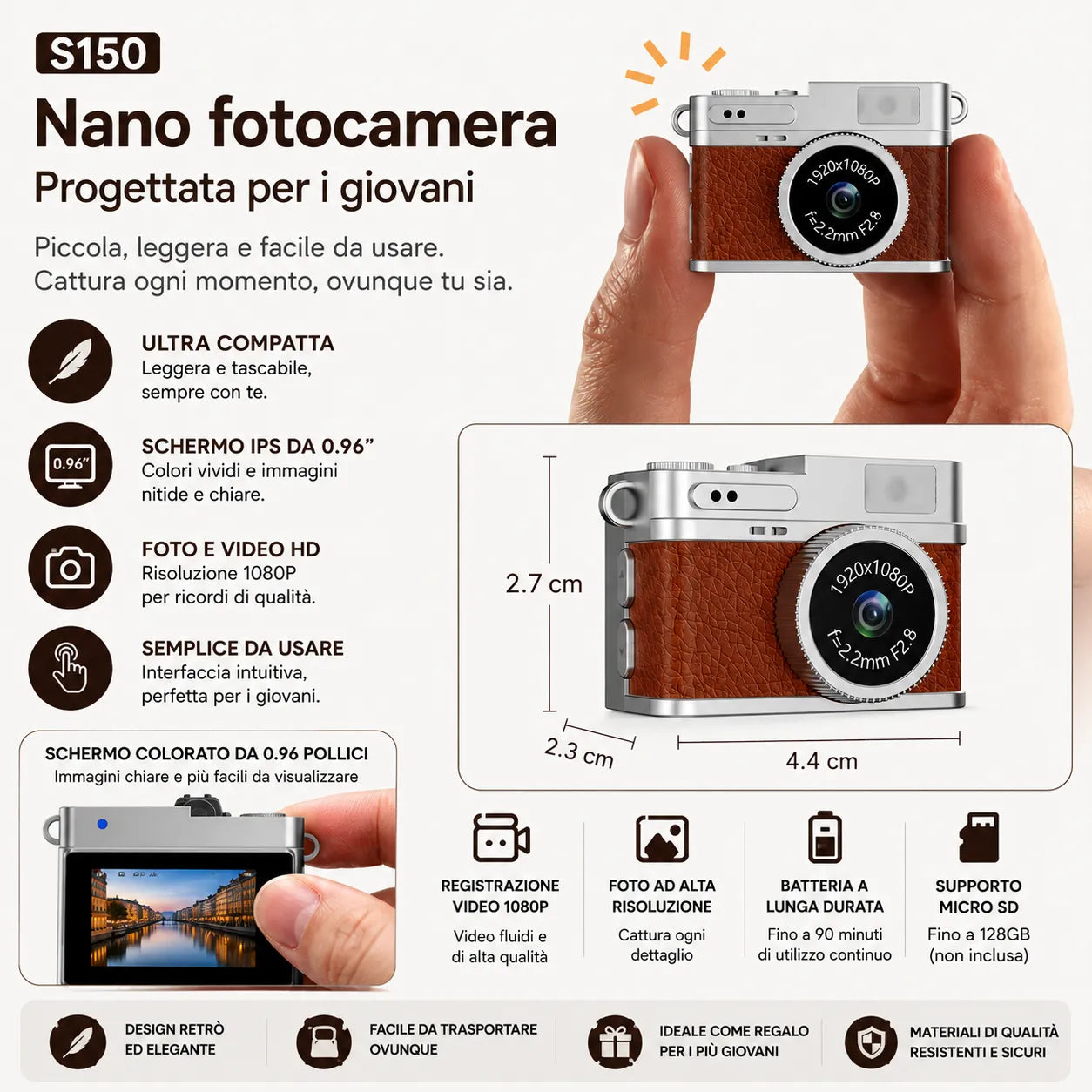 Mini Fotocamera Portachiavi HD 1080P – Nano Camera Retrò con Schermo IPS 0,96", Batteria Ricaricabile e Supporto TF fino a 128GB