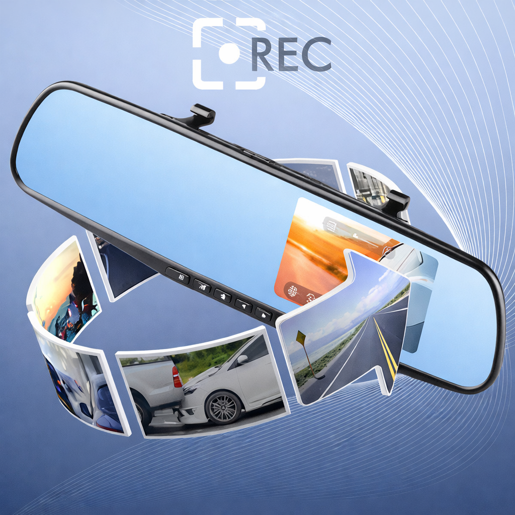 Telecamera per Auto Specchietto Retrovisore 4.3” Full HD 1080P – Dash Cam con Doppia Lente, Visione Notturna