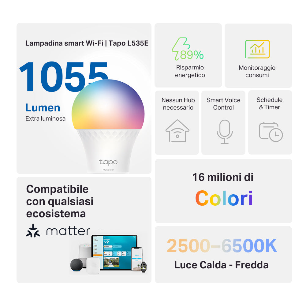 Tapo L535E Lampadina LED Smart Wi-Fi Multicolore E27, Extra-Luminosa, Controllo Vocale con Alexa, Certificata Matter, 2pz