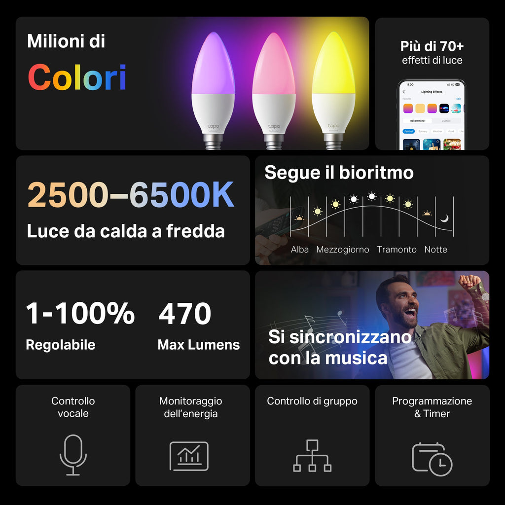 Tapo L430C Lampadina LED Smart Wi-Fi Multicolore E14, Controllo Vocale con Alexa, 2pz TP-Link Showroom viveresmart.store & augmentedrealityoffers.com - P. IVA 02867250694 - DI PENTA ALESSIO - VIALE NETTUNO 167, 66023, FRANCAVILLA AL MARE (CH) - REA CH-438573