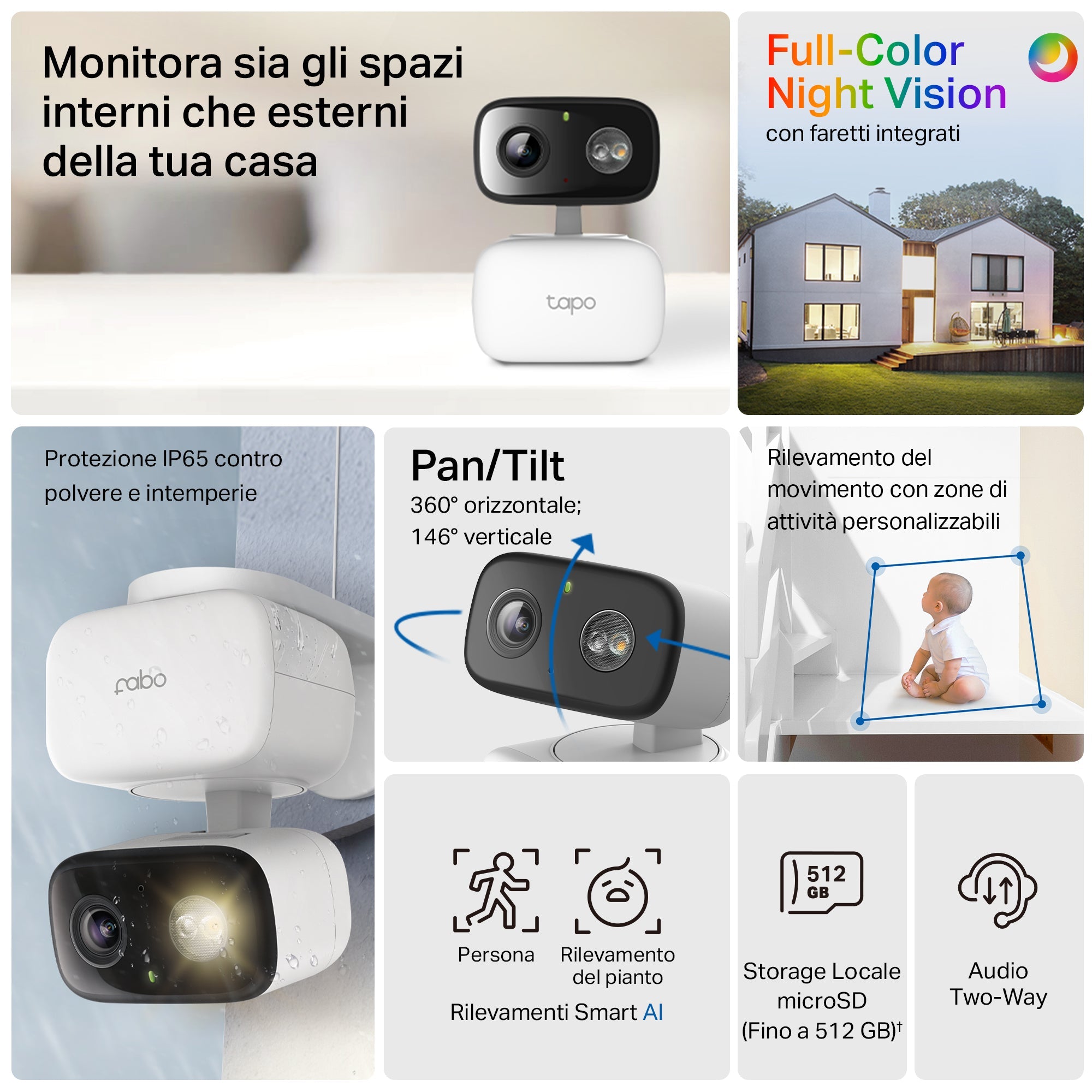 Tapo C206 Telecamera Wi-Fi Esterno/Interno 1080P FHD, 360° Visuale, Visione Notturna a Colori, ⚠️Non a batteria