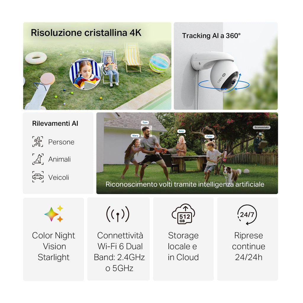 Tapo C560WS Telecamera Wi-Fi Esterno 4K 8MP, 360° Visuale, Visione Notturna a Colori Starlight, Wi-Fi/Ethernet, ⚠️Non a batteria TP-Link Showroom viveresmart.store & augmentedrealityoffers.com - P. IVA 02867250694 - DI PENTA ALESSIO - VIALE NETTUNO 167, 66023, FRANCAVILLA AL MARE (CH) - REA CH-438573