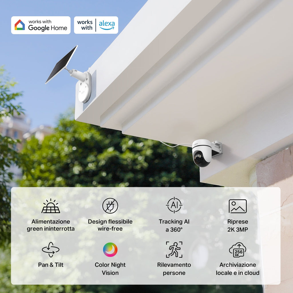 Tapo C610 KIT Telecamera WiFi Esterno 2K 3MP Senza Fili con Pannello Solare, 360° PTZ, Batteria 6700mAh, 2pz