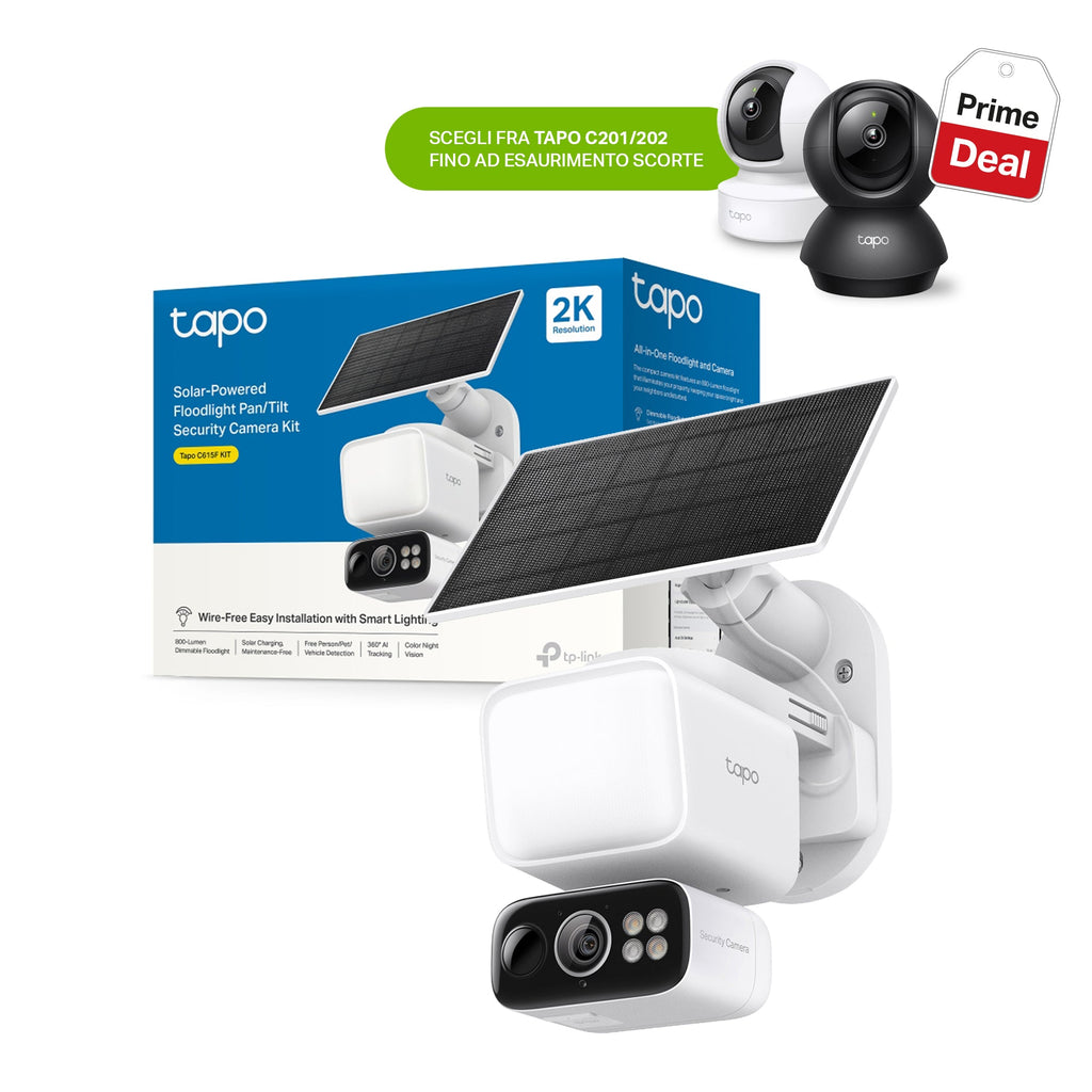 Tapo C615F KIT Telecamera WiFi Esterno 2K 3MP Senza Fili con Pannello Solare, Tracking AI 360°, Batteria 10400mAh