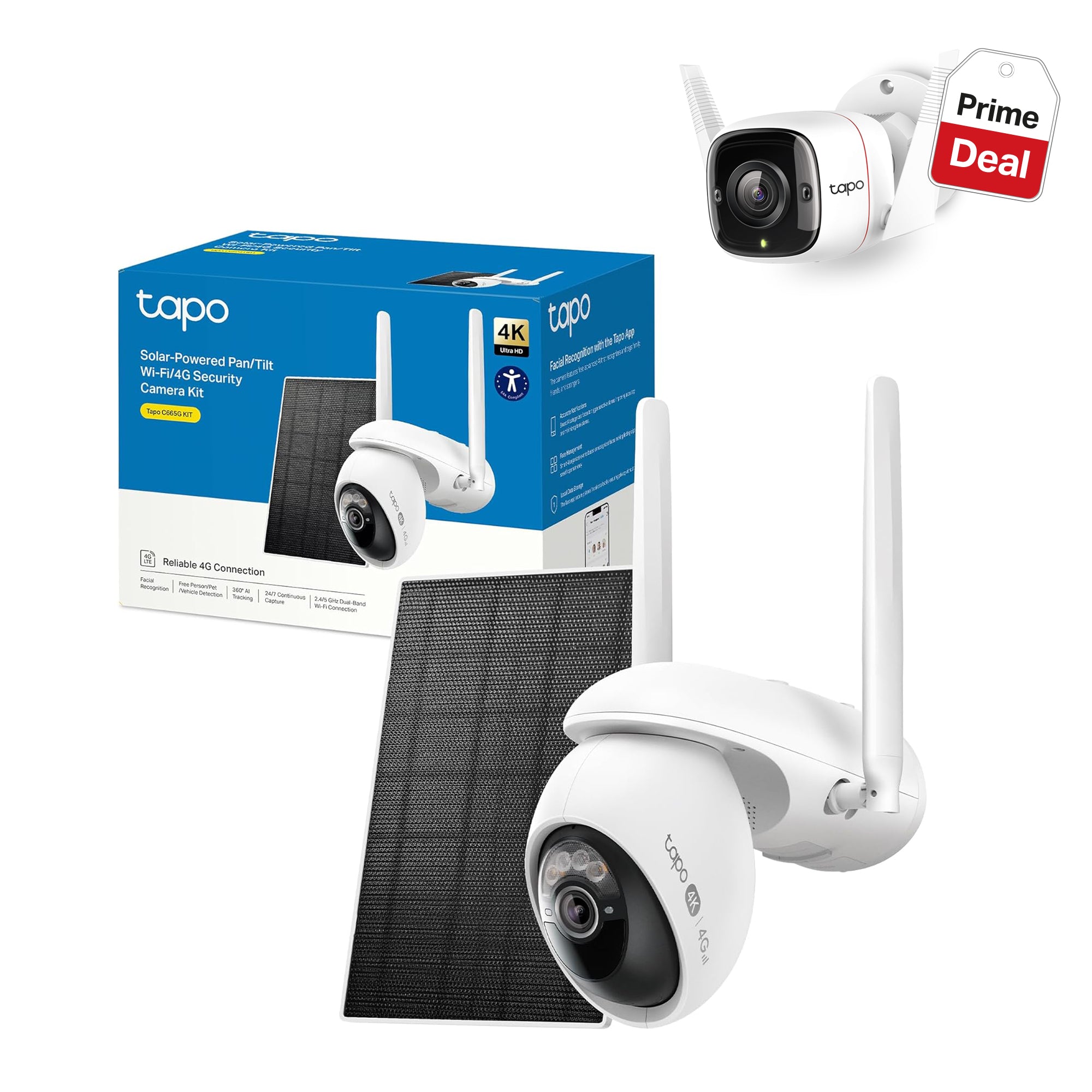 Tapo C665G KIT Telecamera 4G LTE da Esterno 4K 8MP con Pannello Solare, Pan/Tilt, Visione Notturna a Colori, Rilevamento AI, Registrazione 24/7