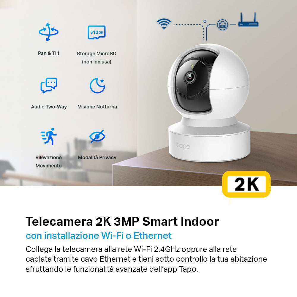 Tapo C212 Telecamera Wi-Fi Interno 2K 3MP, 360° Visuale, Porta Ethernet TP-Link Showroom viveresmart.store & augmentedrealityoffers.com - P. IVA 02867250694 - DI PENTA ALESSIO - VIALE NETTUNO 167, 66023, FRANCAVILLA AL MARE (CH) - REA CH-438573