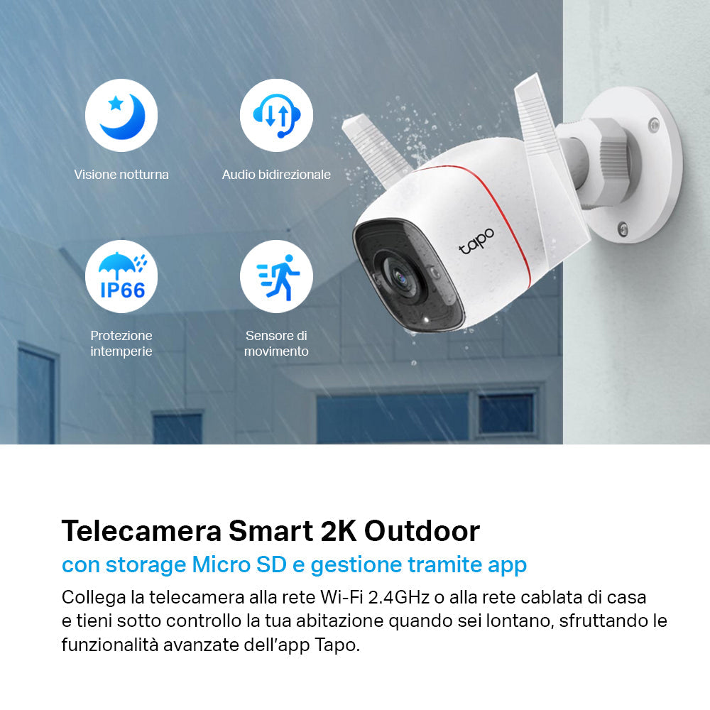 Tapo C310 Telecamera Wi-Fi Esterno 2K 3MP, Visione Notturna, Wi-Fi/Ethernet, 2pz, ⚠️Non a batteria
