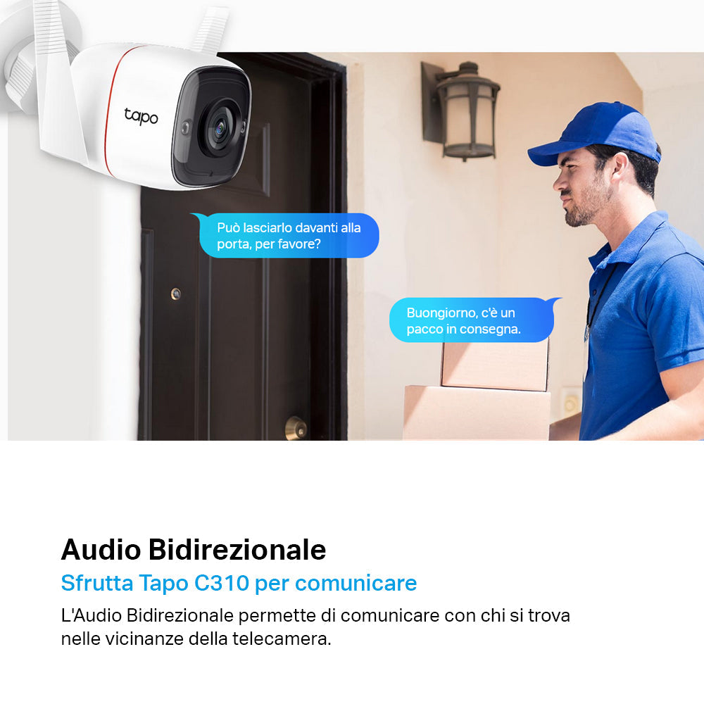 Tapo C310 Telecamera Wi-Fi Esterno 2K 3MP, Visione Notturna, Wi-Fi/Ethernet, 2pz, ⚠️Non a batteria