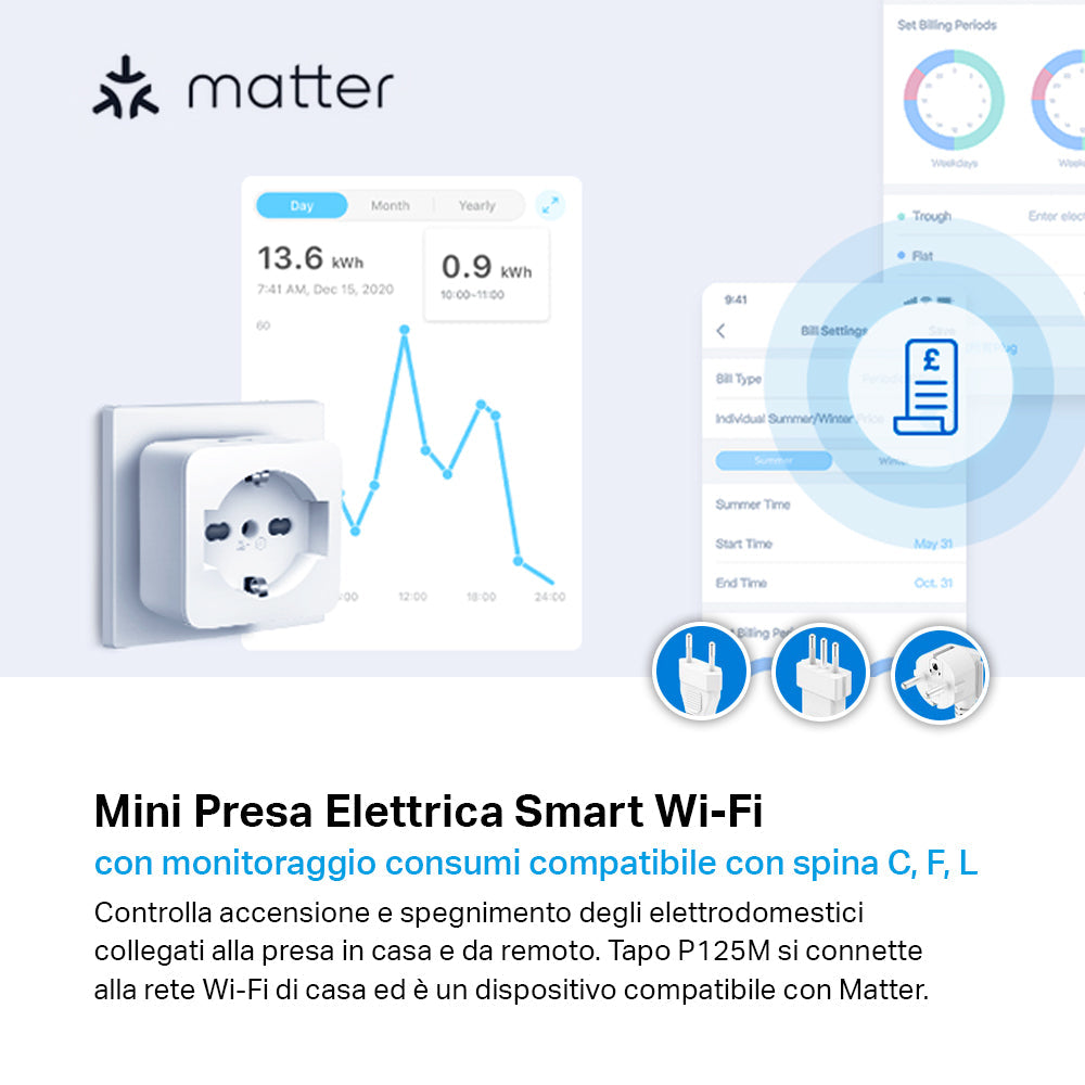 Tapo P125M Presa Smart Wi-Fi Italiana Tipo C-F-L 10A, Monitoraggio Consumi, Controllo Vocale con Alexa, Certificata Matter