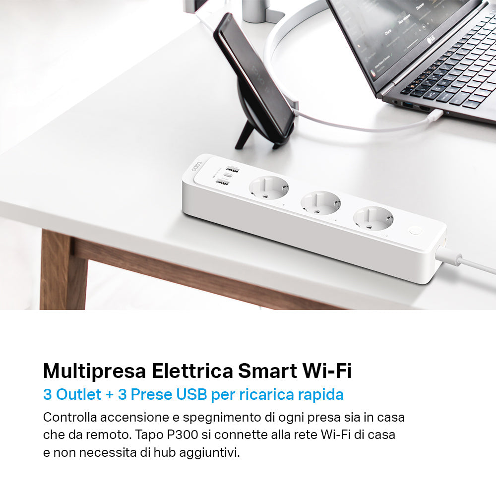 Tapo P300 Multipresa Smart Wi-Fi Schuko 10A, Controlla Separatamente 3 Prese, Caricatore USB integrato 18W, Controllo Vocale con Alexa