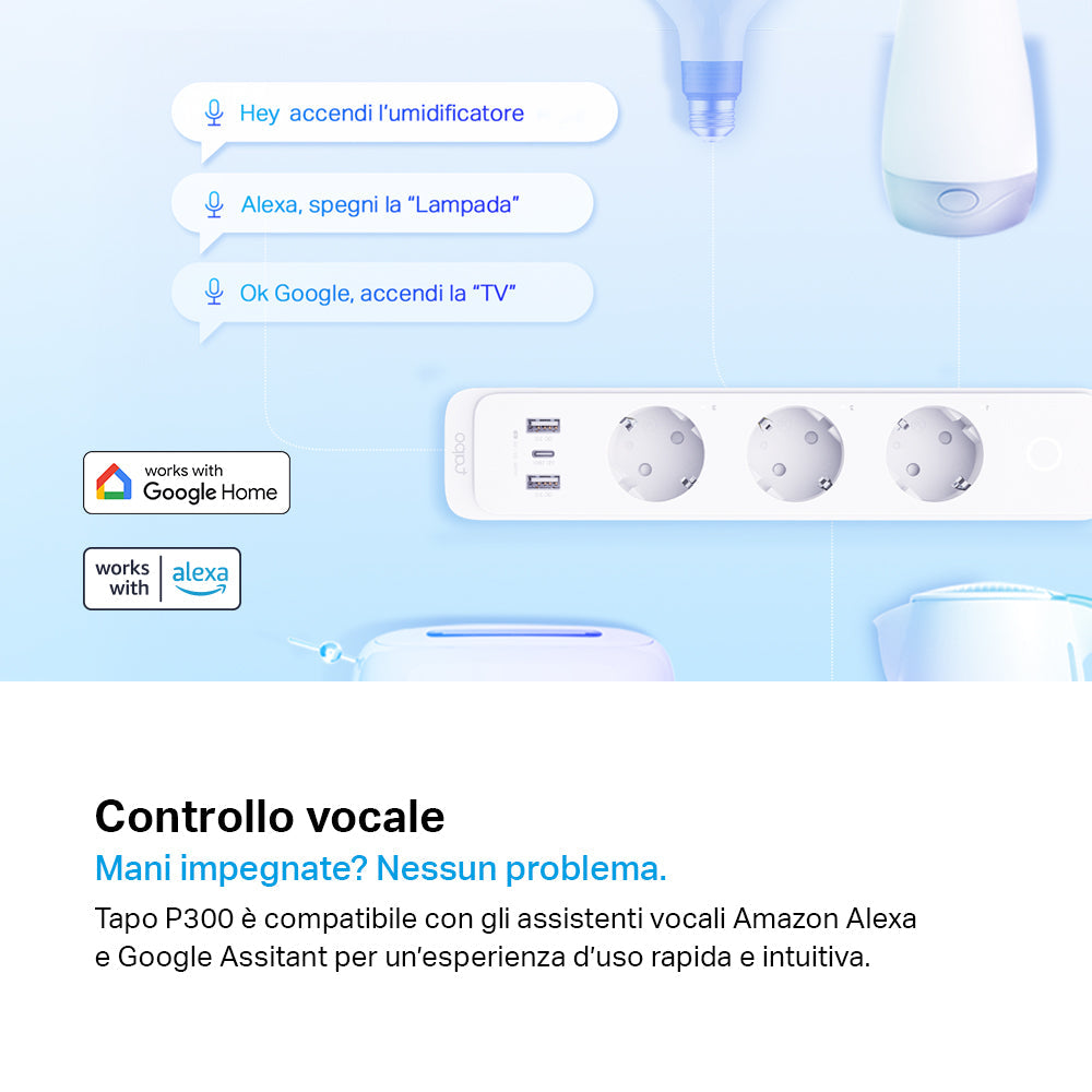 Tapo P300 Multipresa Smart Wi-Fi Schuko 10A, Controlla Separatamente 3 Prese, Caricatore USB integrato 18W, Controllo Vocale con Alexa