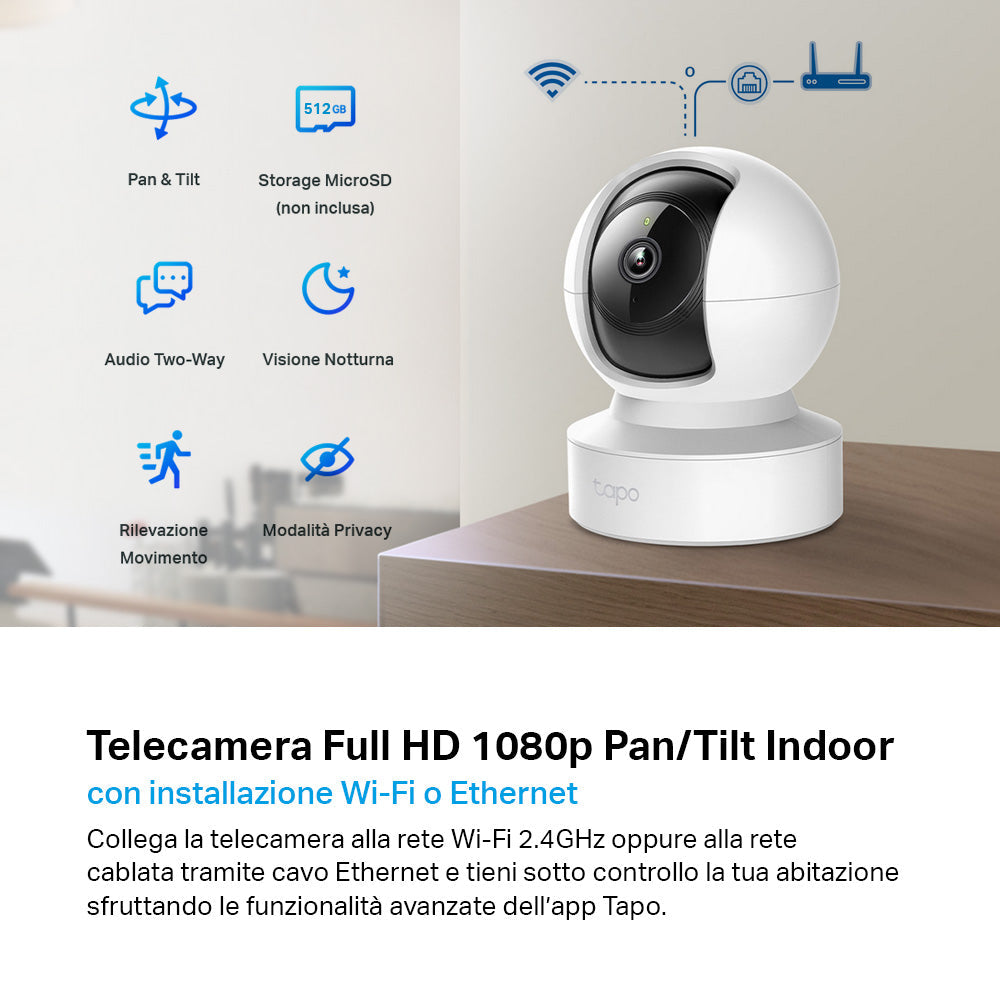 Tapo C202 Telecamera Wi-Fi Interno 1080p FHD, 360° Visuale, Porta Ethernet TP-Link Showroom viveresmart.store & augmentedrealityoffers.com - P. IVA 02867250694 - DI PENTA ALESSIO - VIALE NETTUNO 167, 66023, FRANCAVILLA AL MARE (CH) - REA CH-438573
