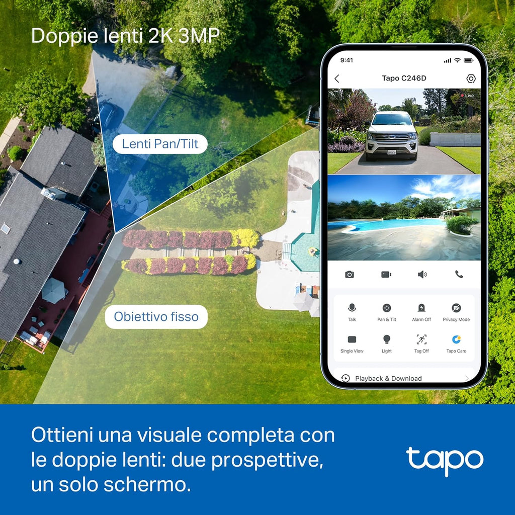 Tapo C246D Telecamera Wi-Fi Esterno/Interno Doppio Obbiettivo 3MP+3MP, 360° Visuale, Visione Notturna a Colori, ⚠️Non a batteria