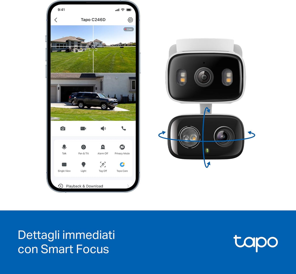 Tapo C246D Telecamera Wi-Fi Esterno/Interno Doppio Obbiettivo 3MP+3MP, 360° Visuale, Visione Notturna a Colori, ⚠️Non a batteria