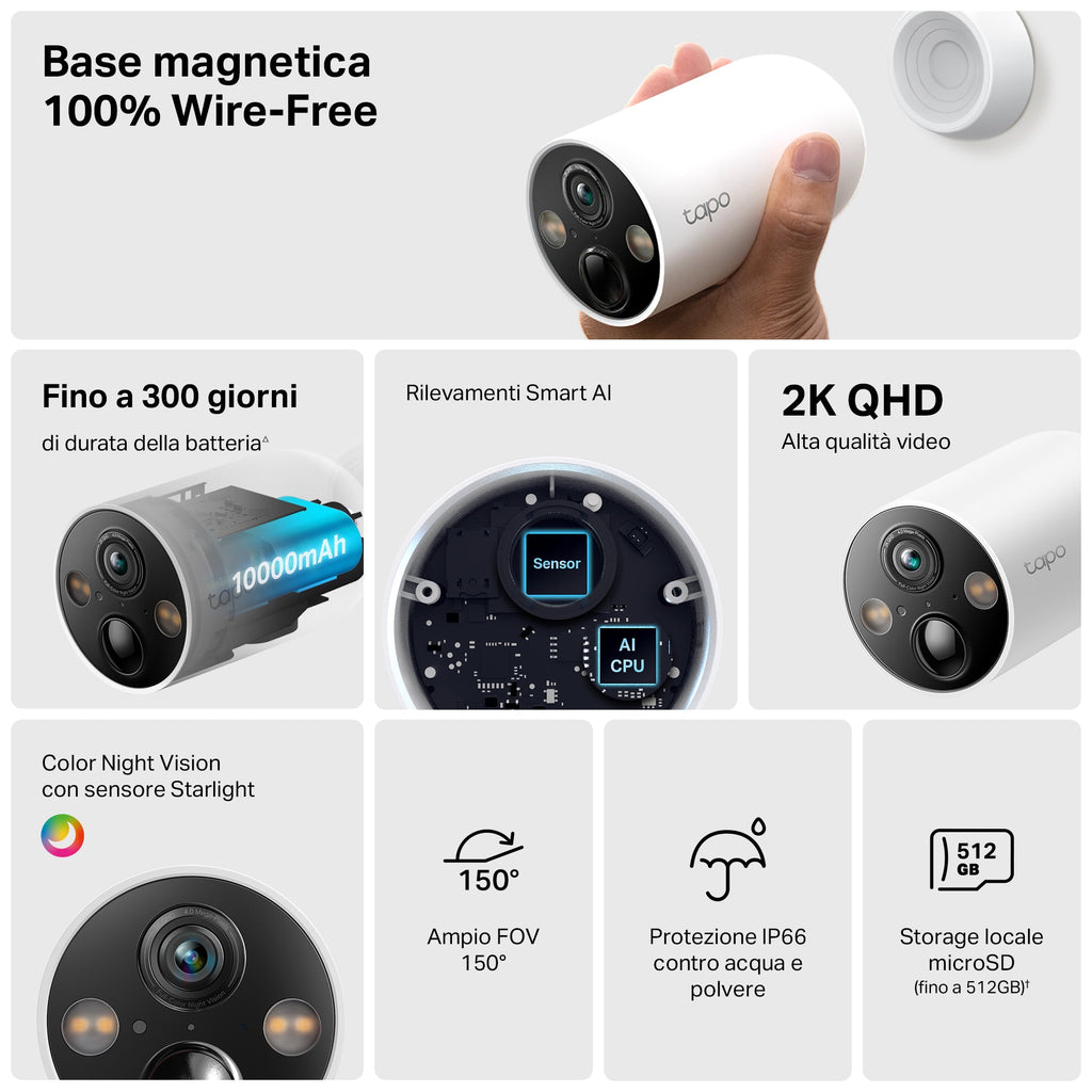 Tapo C425 Telecamera Wi-Fi Esterno a Batteria 2K 4MP, Visione Notturna a Colori, Base Magnetica, 2pz