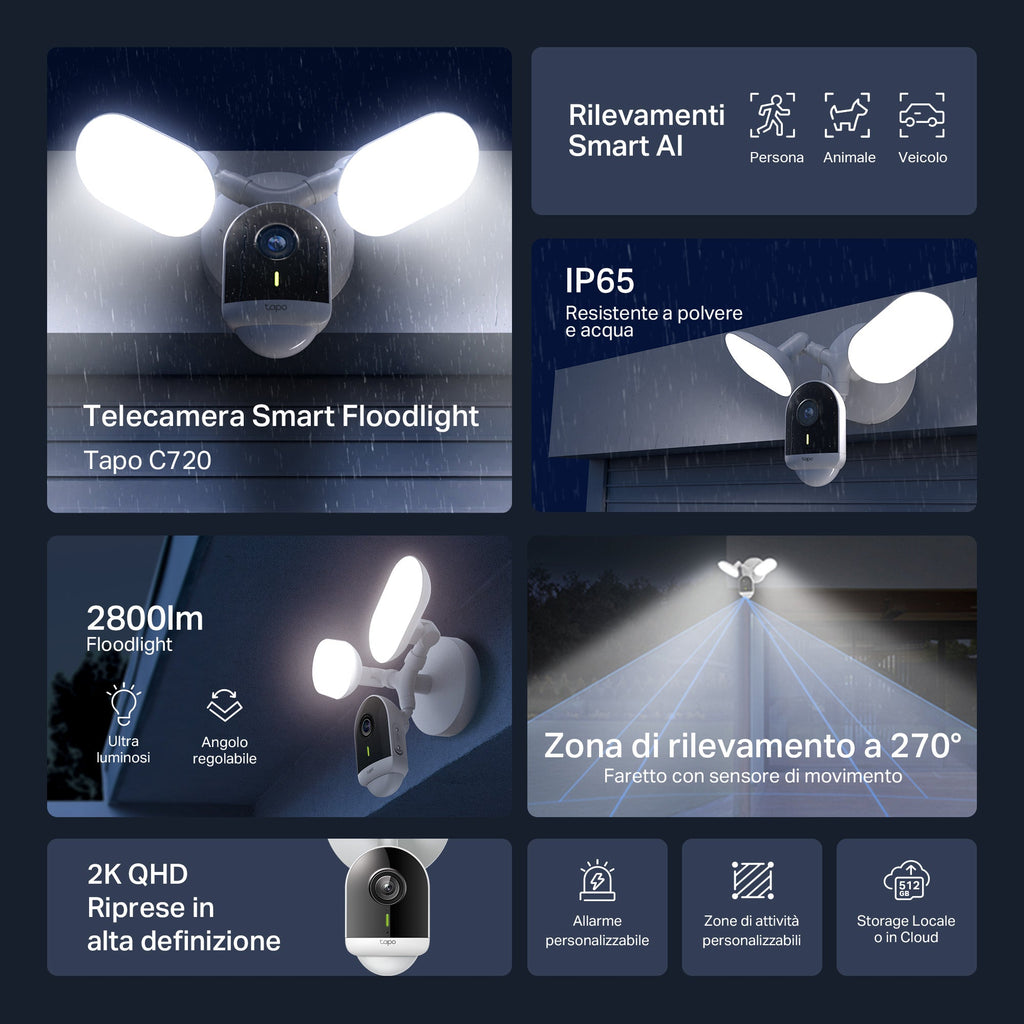 Tapo C720 Telecamera Wi-Fi Esterno 2K 4MP Smart AI Floodlight, Visione Notturna e Proiettori 2800-Lumen TP-Link Showroom viveresmart.store & augmentedrealityoffers.com - P. IVA 02867250694 - DI PENTA ALESSIO - VIALE NETTUNO 167, 66023, FRANCAVILLA AL MARE (CH) - REA CH-438573