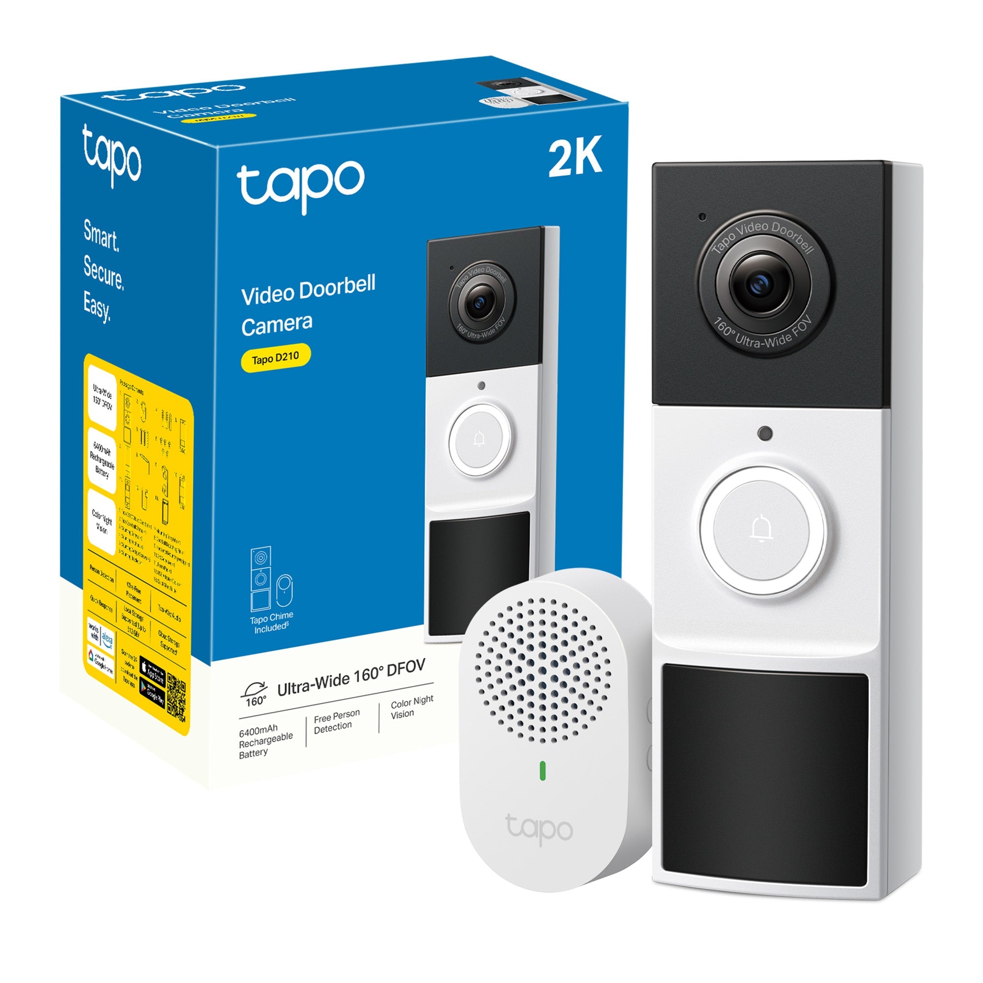 Tapo D210 Video Campanello 2K 3MP, Visione Notturna a Colori, Batteria 6400mAh