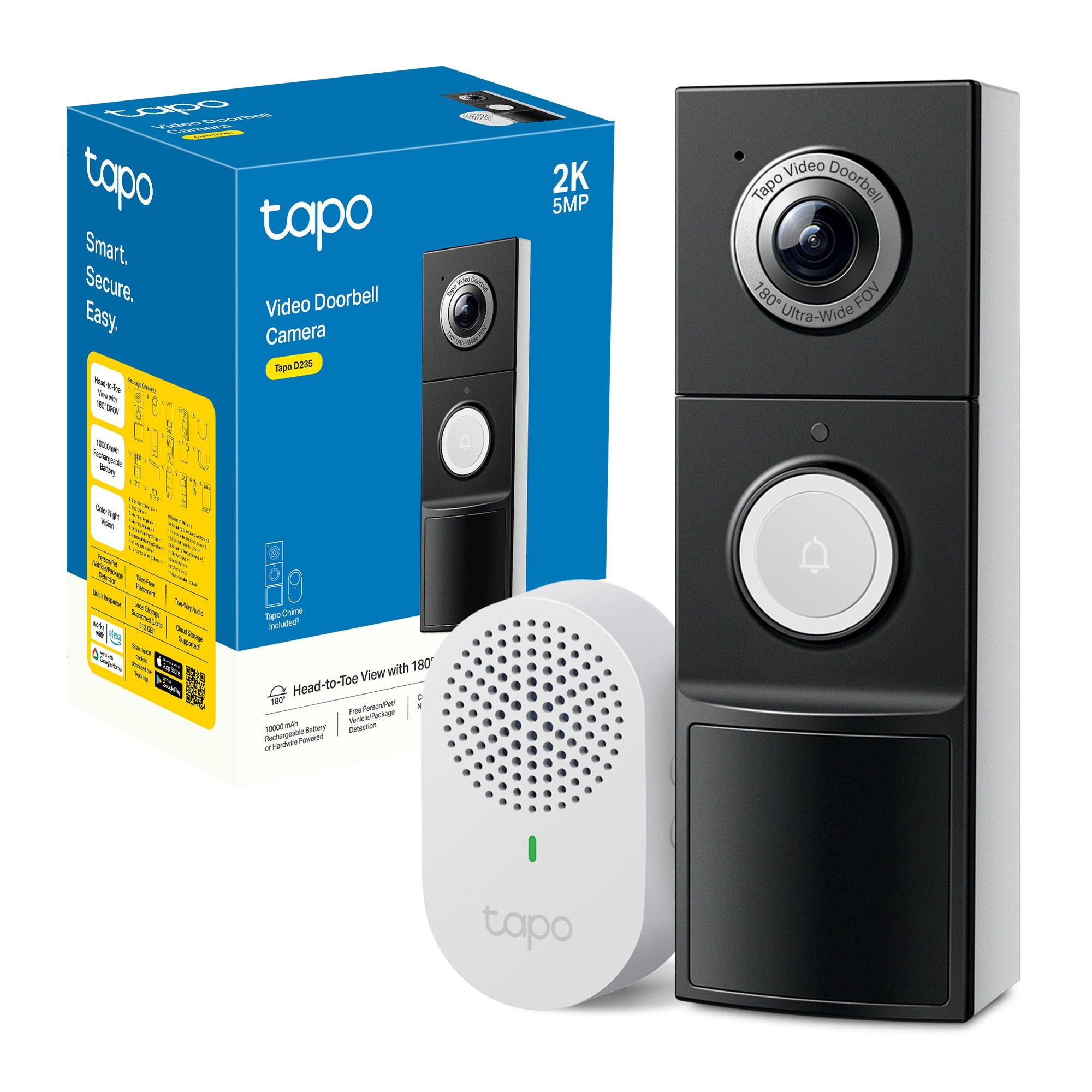 Tapo D235 Video Campanello 2K 5MP, Visione Notturna a Colori, Batteria 10000mAh o Connessione Cablata