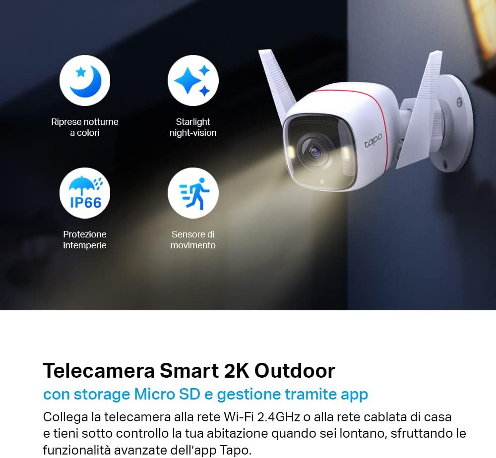 Tapo C320WS Telecamera Wi-Fi Esterno 2K 4MP, Visione Notturna a Colori, Wi-Fi/Ethernet, ⚠️Non a batteria
