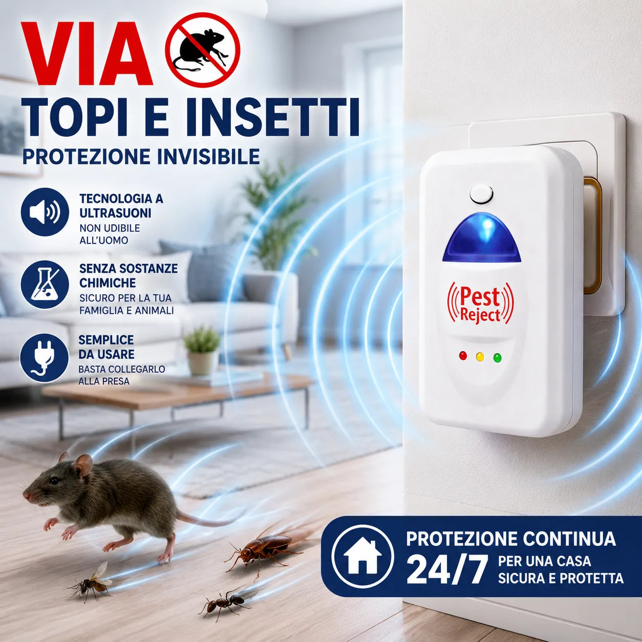 Pest Reject – Repellente Elettronico a Ultrasuoni per Topi, Scarafaggi, Formiche e Insetti – Protezione Continua 24/7 per Casa, Ufficio e Garage