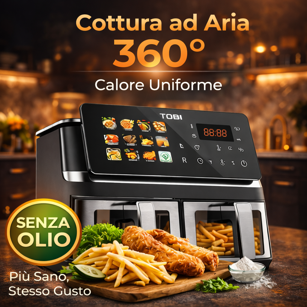 Friggitrice ad Aria Doppio Cestello 15L TOBI TB-969 – 2400W con Display Touch Full Color, 2 Zone di Cottura Indipendenti, Timer e Programmi Automatici