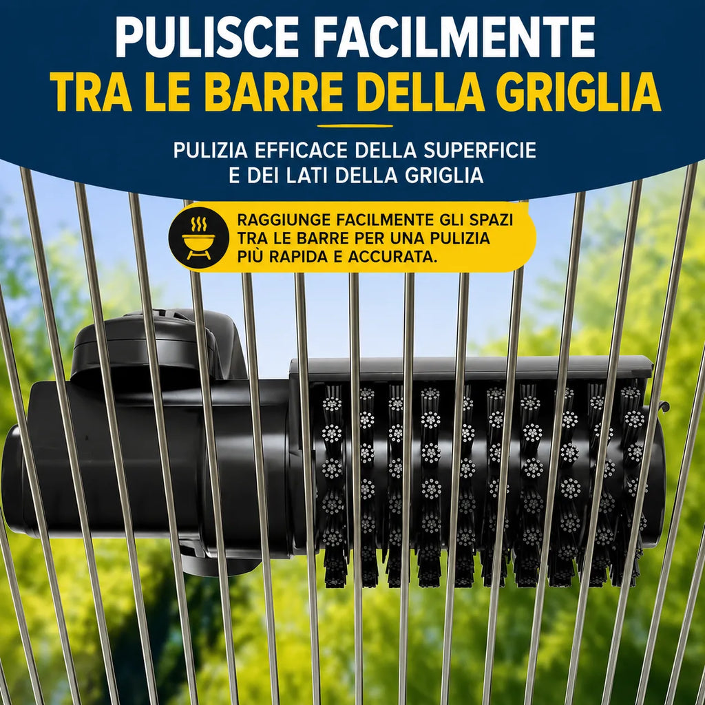 Spazzola Elettrica per Barbecue Ricaricabile USB-C – Testa Orientabile 180°, 3 Velocità, Doppia Testina in Acciaio e Lucidante, Batteria 2600mAh, Impermeabile IPX4, Pulizia Griglie BBQ
