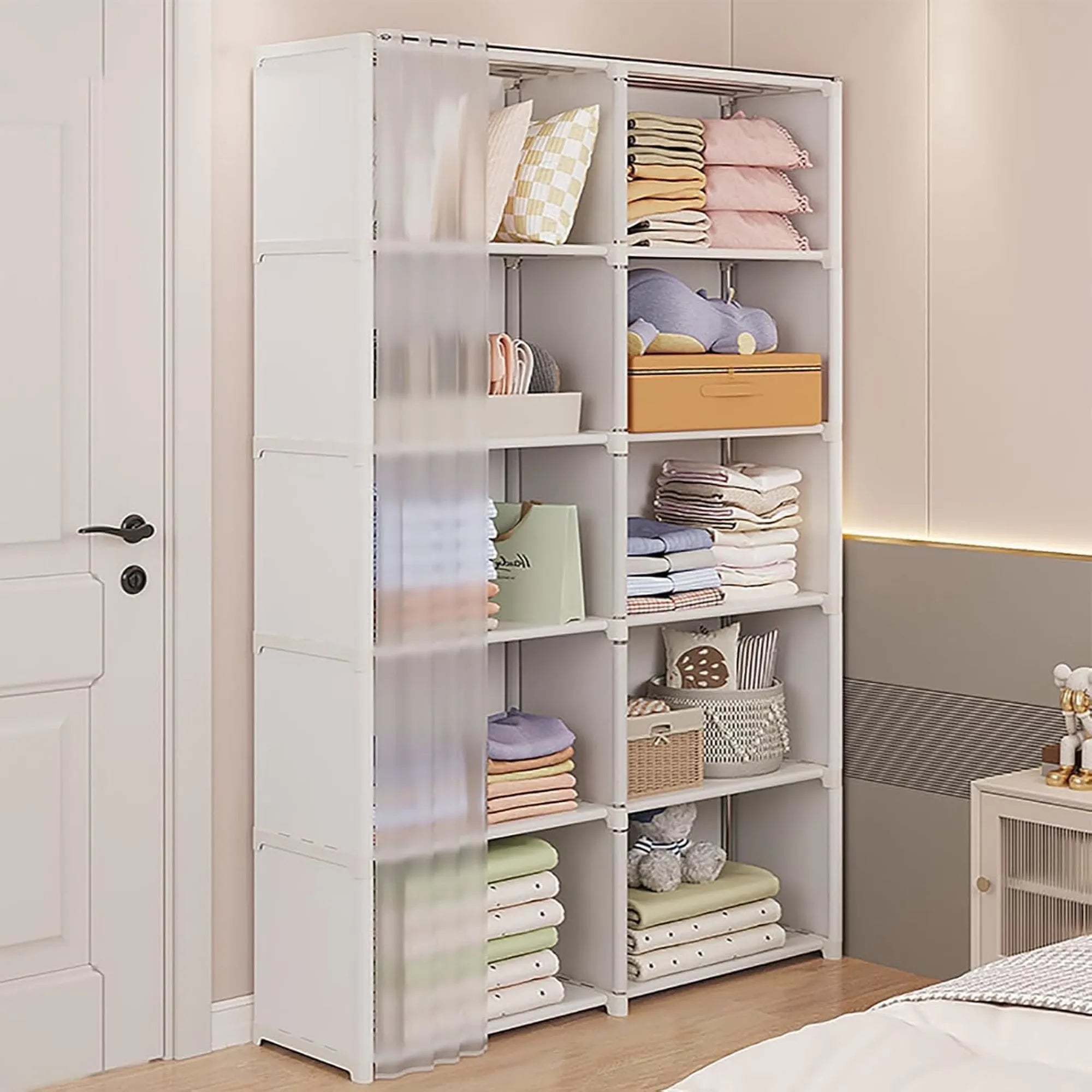 Armadio Guardaroba Salvaspazio con Tenda Scorrevole 155x80x28 cm – Organizzatore Multiuso per Camera, Cameretta e Lavanderia